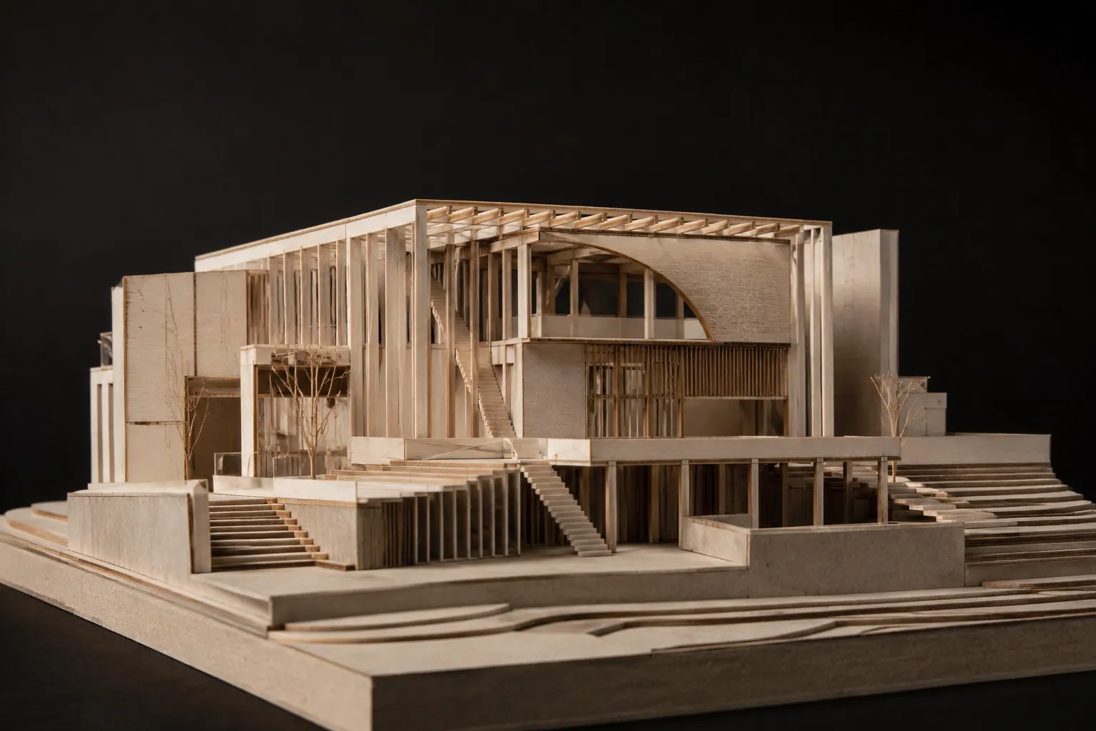 Maqueta arquitectónica de madera cortada con láser sobre fondo oscuro